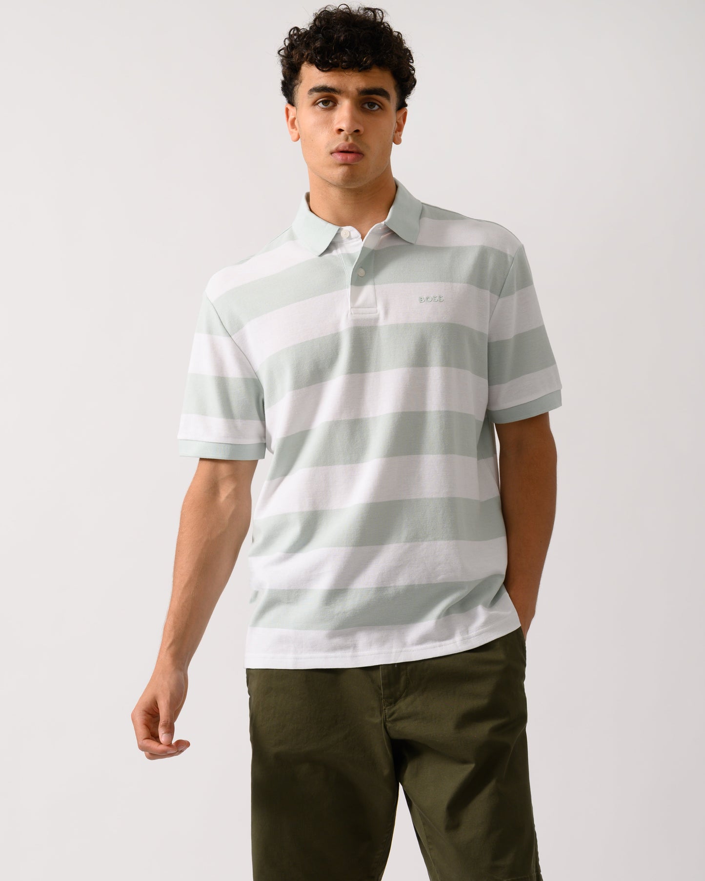 BOSS Orange Pales Stripe Mens Relaxed-Fit Cotton Piqué Polo Shirt with Horizontal Stripes - White 100