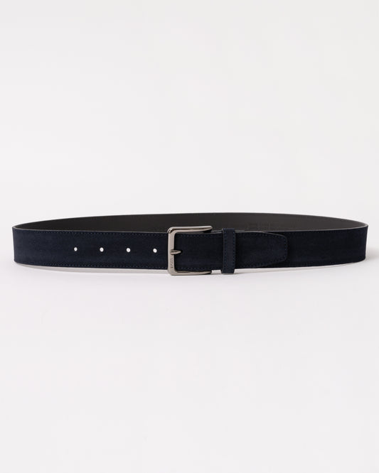 BOSS Orange Ronnie Mens Suede Belt with Logo-Engraved Gunmetal Buckle - Dark Blue 401