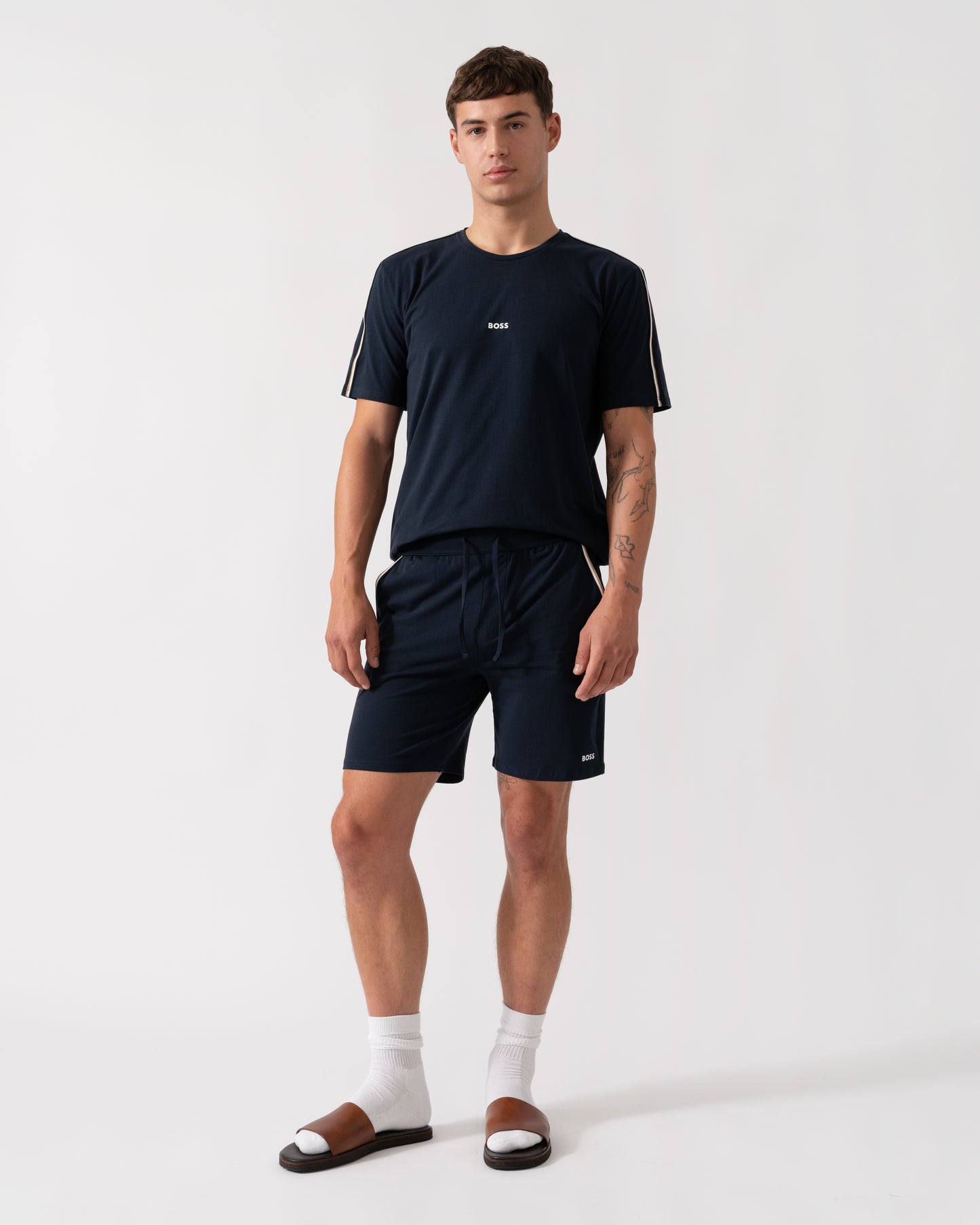 BOSS Orange Unique Mens Stretch-Cotton Pyjama Shorts with Tape Trims - Dark Blue 403