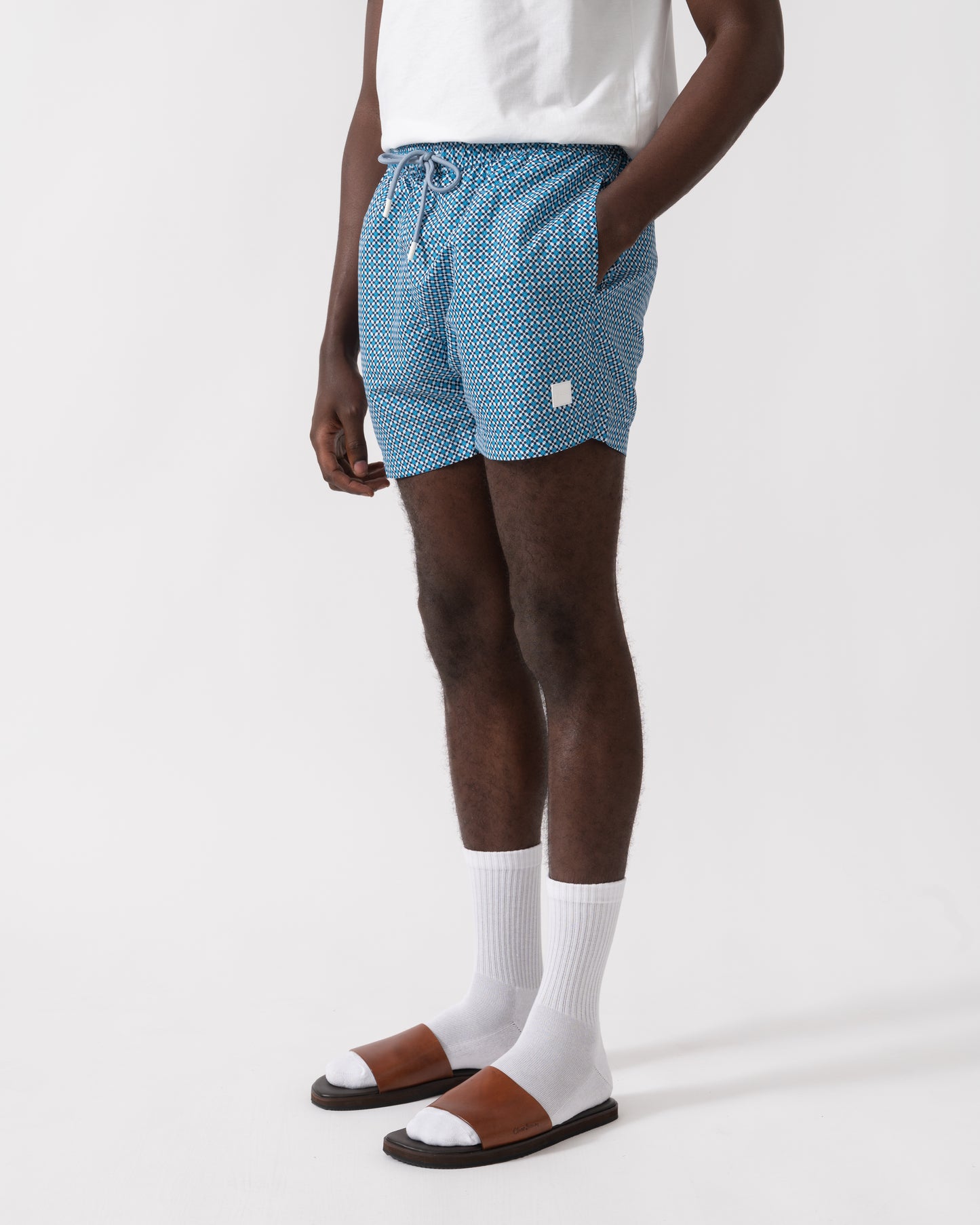 BOSS Orange Vibe Mens Logo-Label Swim Shorts with Seasonal Pattern - Open Blue 483