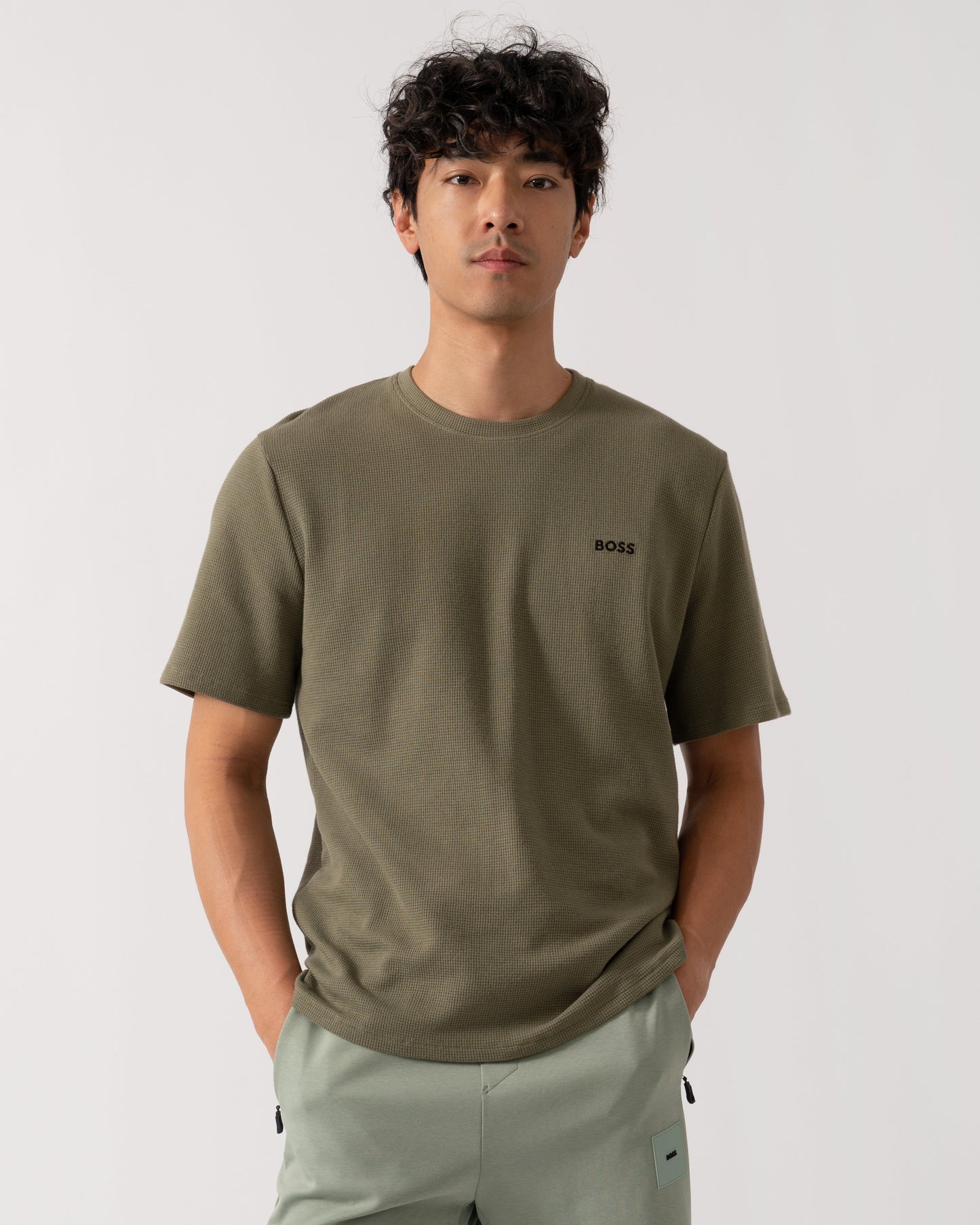 BOSS Orange Waffle Mens Cotton-Blend Pyjama T-Shirt with Embroidered Logo - Open Green 349