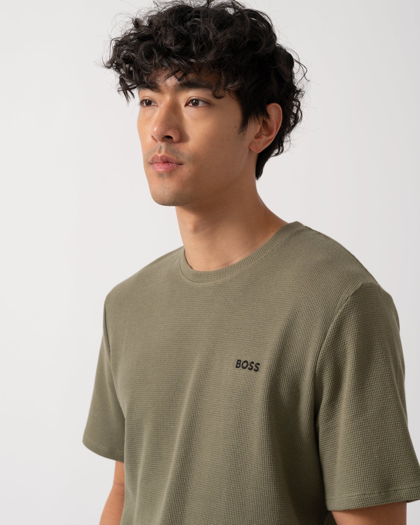 BOSS Orange Waffle Mens Cotton-Blend Pyjama T-Shirt with Embroidered Logo - Open Green 349