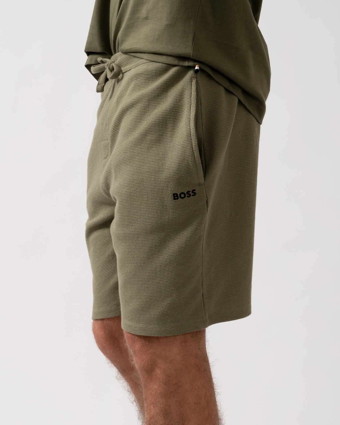 BOSS Orange Waffle Mens Cotton Blend Waffle Structure Pyjama Shorts with Embroidered Logo - Open Green 349