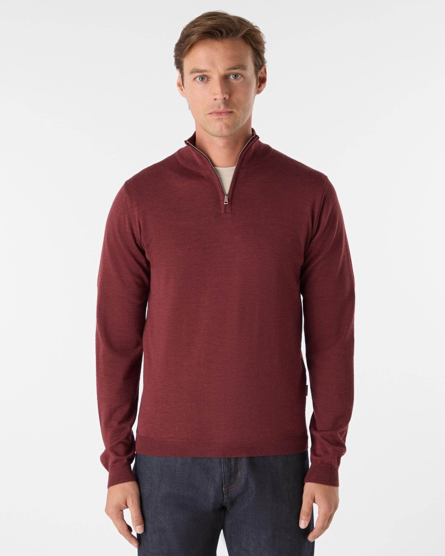 Oliver Sweeney Curragh Mens 1/4 Zip Funnel Neck Merino Wool Jumper - Mulberry Marl