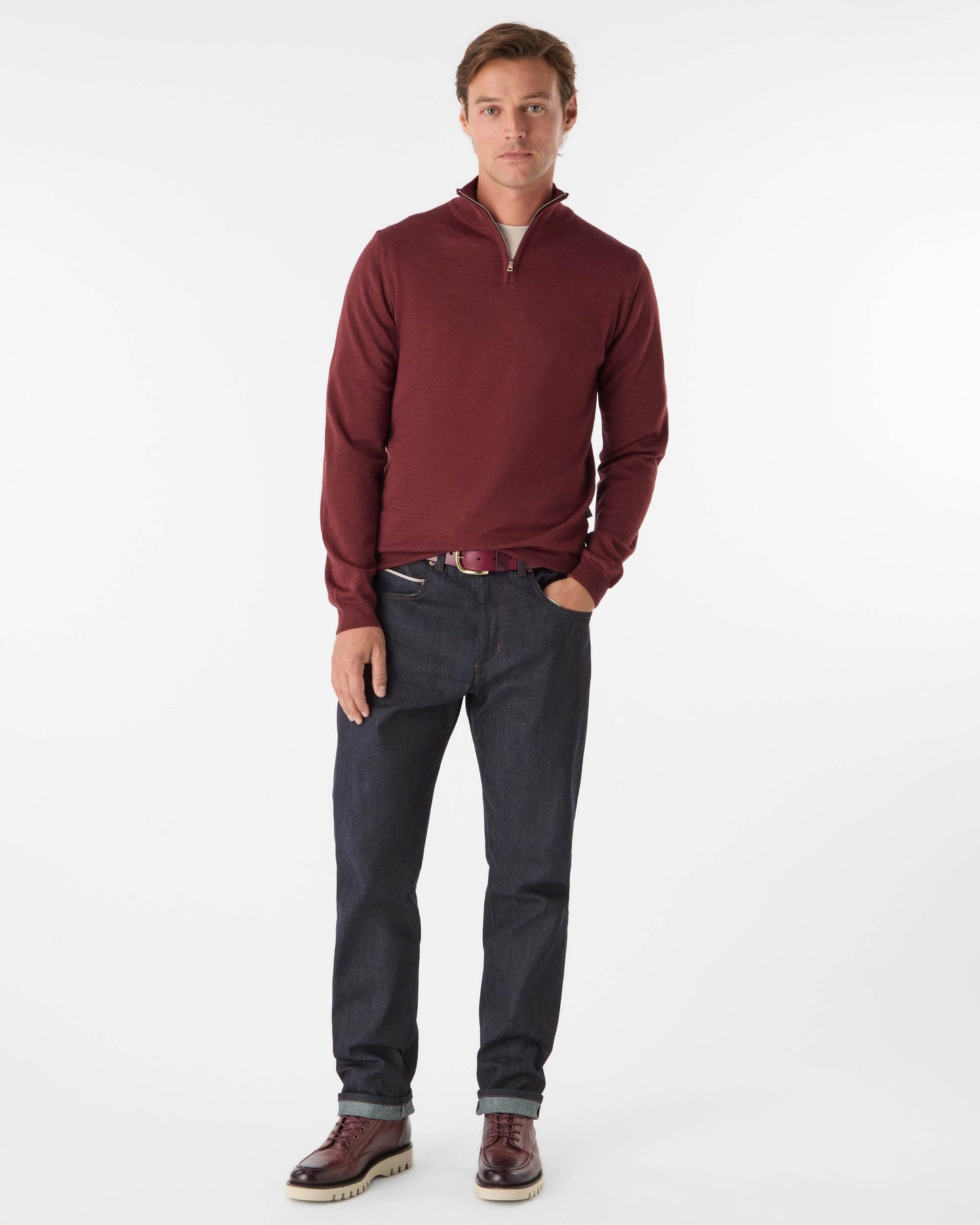 Oliver Sweeney Curragh Mens 1/4 Zip Funnel Neck Merino Wool Jumper - Mulberry Marl