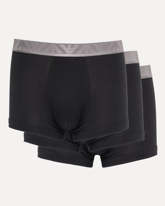 Emporio Armani 3 Pack Mens Trunks with Multi Eagle Logo Waistband - Black/Black/Black MC406