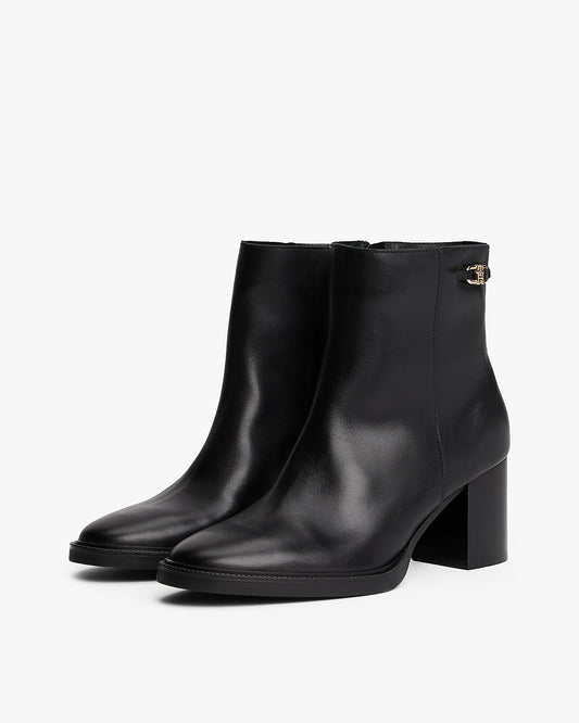 Tommy Hilfiger Stacked Heel Leather Womens Ankle Boots - Black