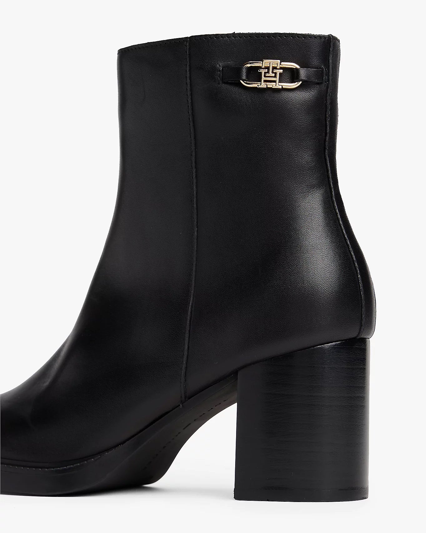 Tommy Hilfiger Stacked Heel Leather Womens Ankle Boots - Black
