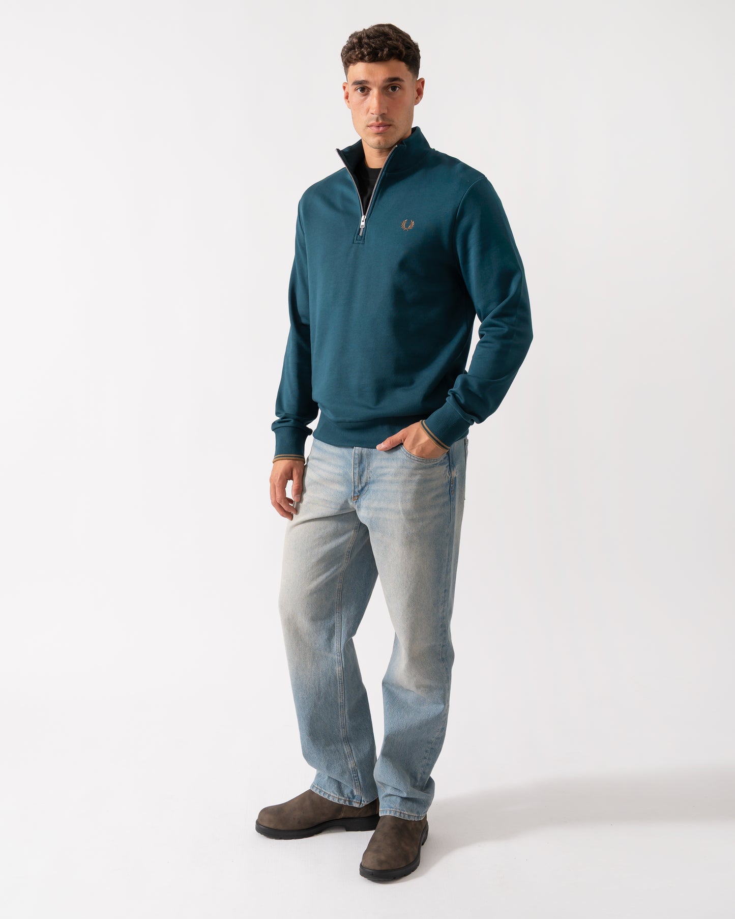 Fred Perry Mens Half Zip Sweatshirt - Dark Petrol/Shaded Stone Z48