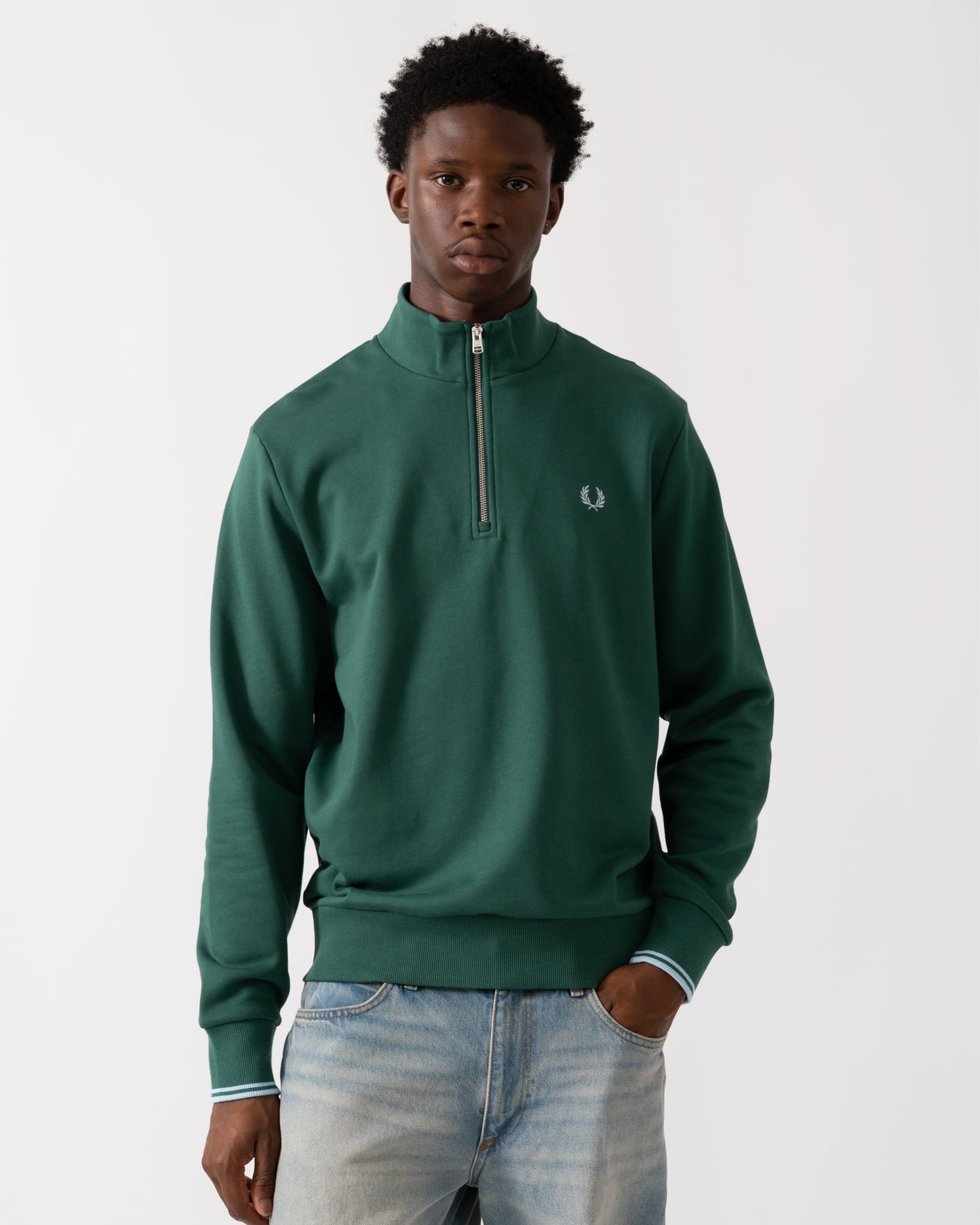 Fred Perry Mens Half Zip Sweatshirt - Sport Green/Track Blue Z59
