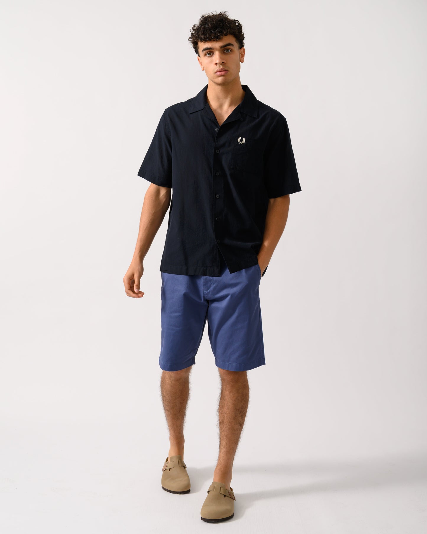 Fred Perry Mens Lightweight Texture Revere Collar Short Sleeve Shirt - Navy 795