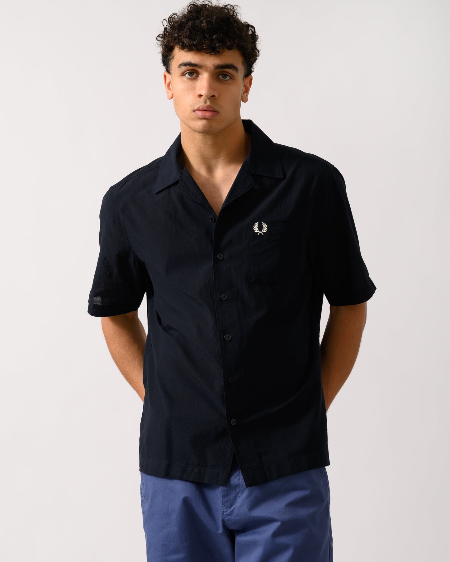 Fred Perry Mens Lightweight Texture Revere Collar Short Sleeve Shirt - Navy 795