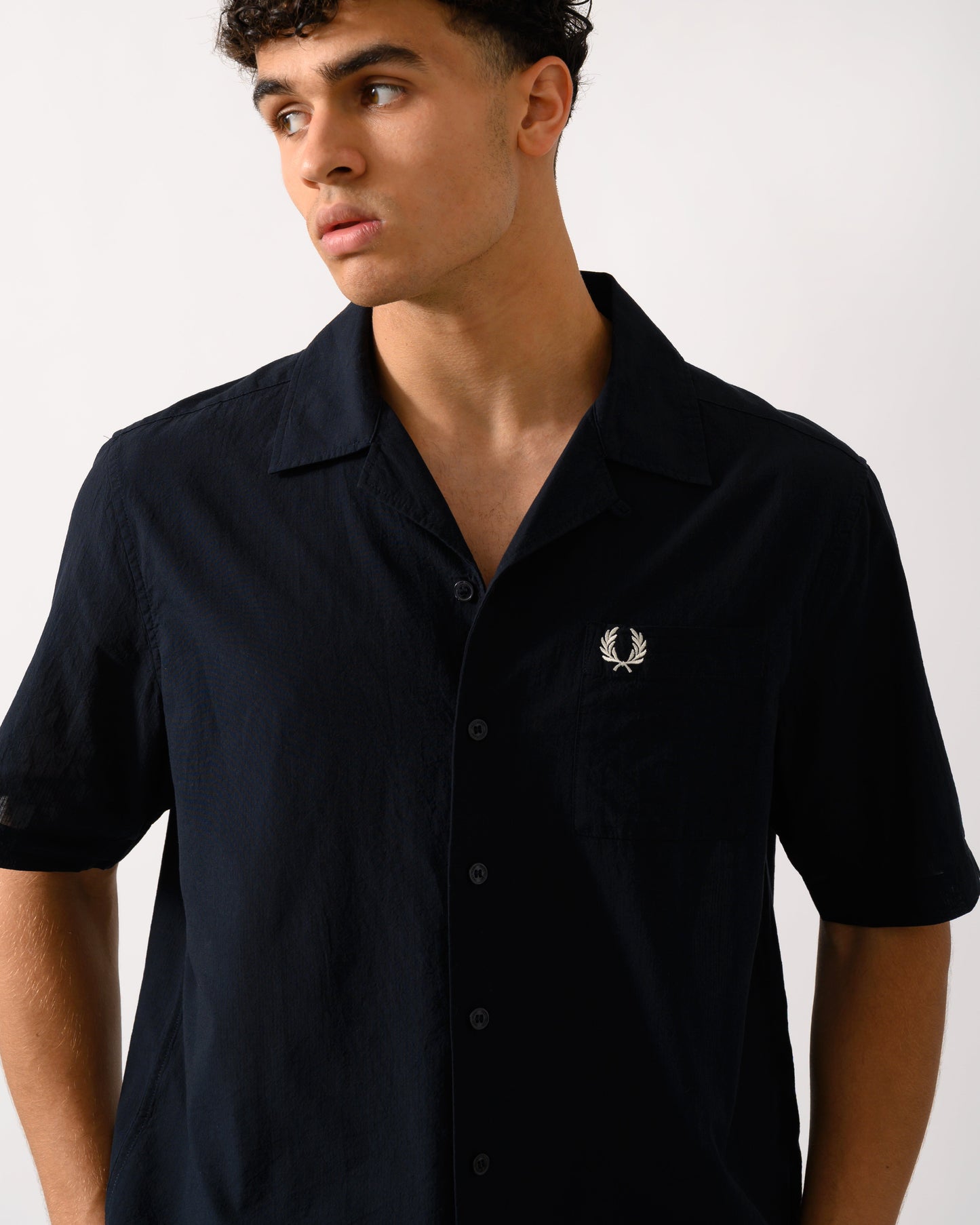 Fred Perry Mens Lightweight Texture Revere Collar Short Sleeve Shirt - Navy 795