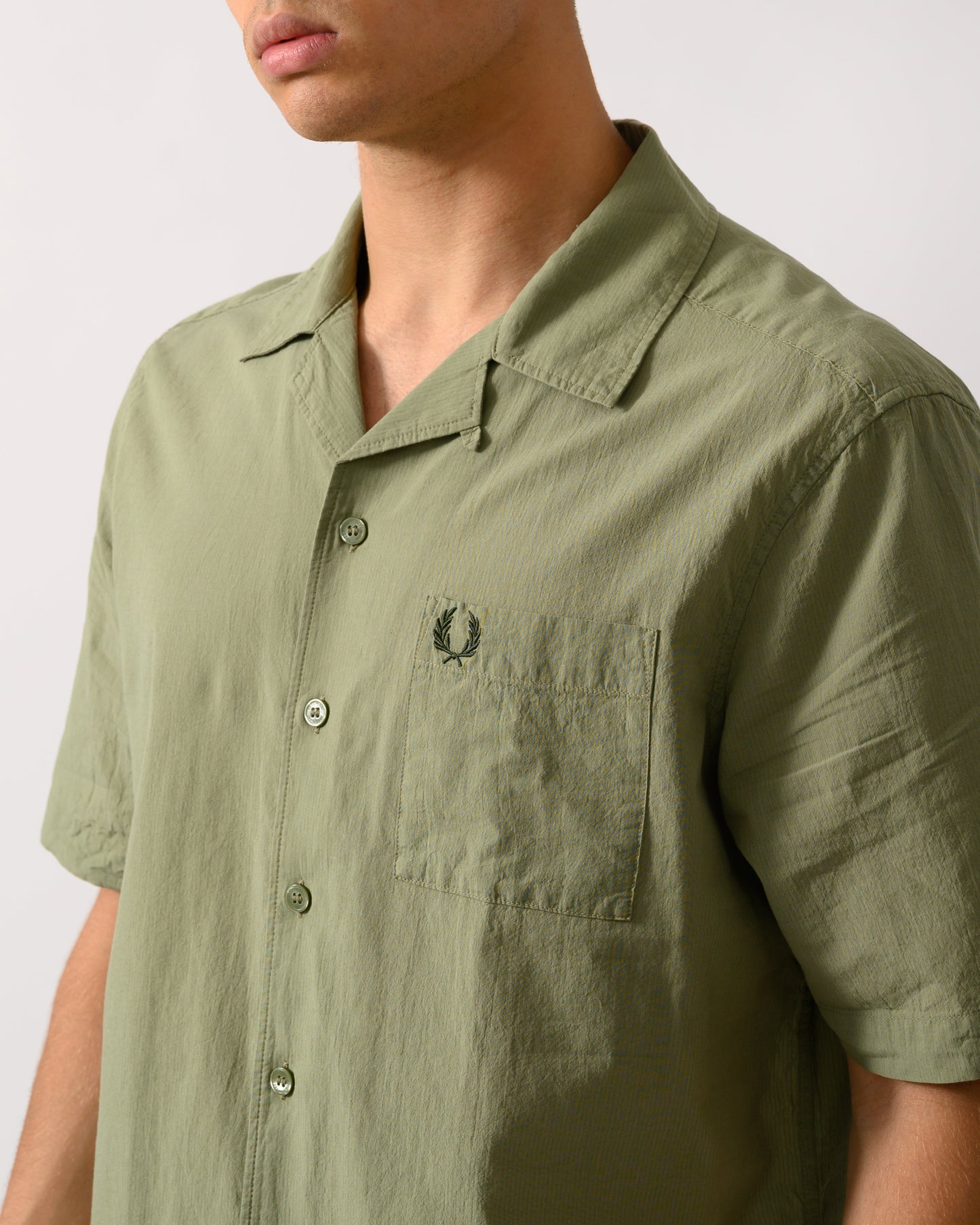 Fred Perry Mens Lightweight Texture Revere Collar Short Sleeve Shirt - Olive Mint X88