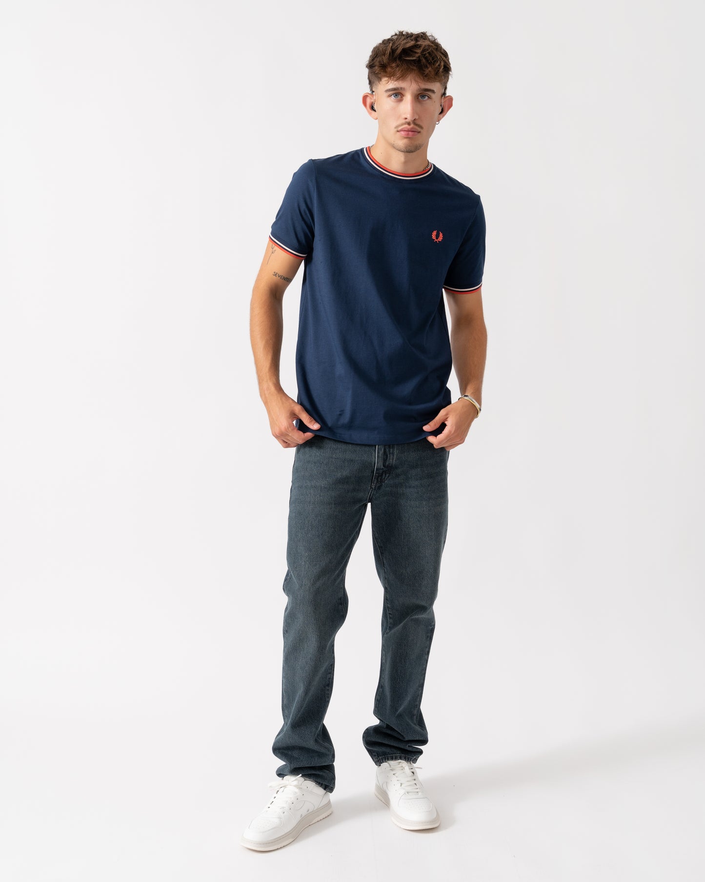Fred Perry Mens Twin Tipped T-Shirt - Tennis Blue/Silky Peach/Flamingo Tan Z57
