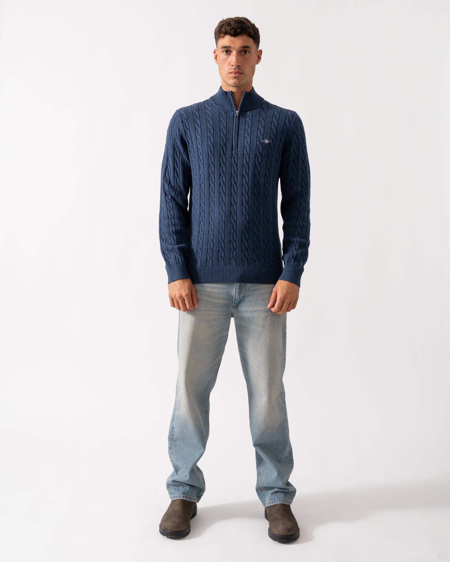 GANT Mens Cotton Cable Half Zip Jumper - 902 Dark Jeansblue Melange