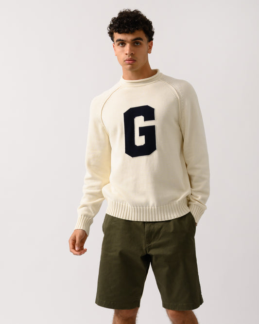 GANT Mens Intarsia G Logo Crew Neck Jumper - 130 Cream
