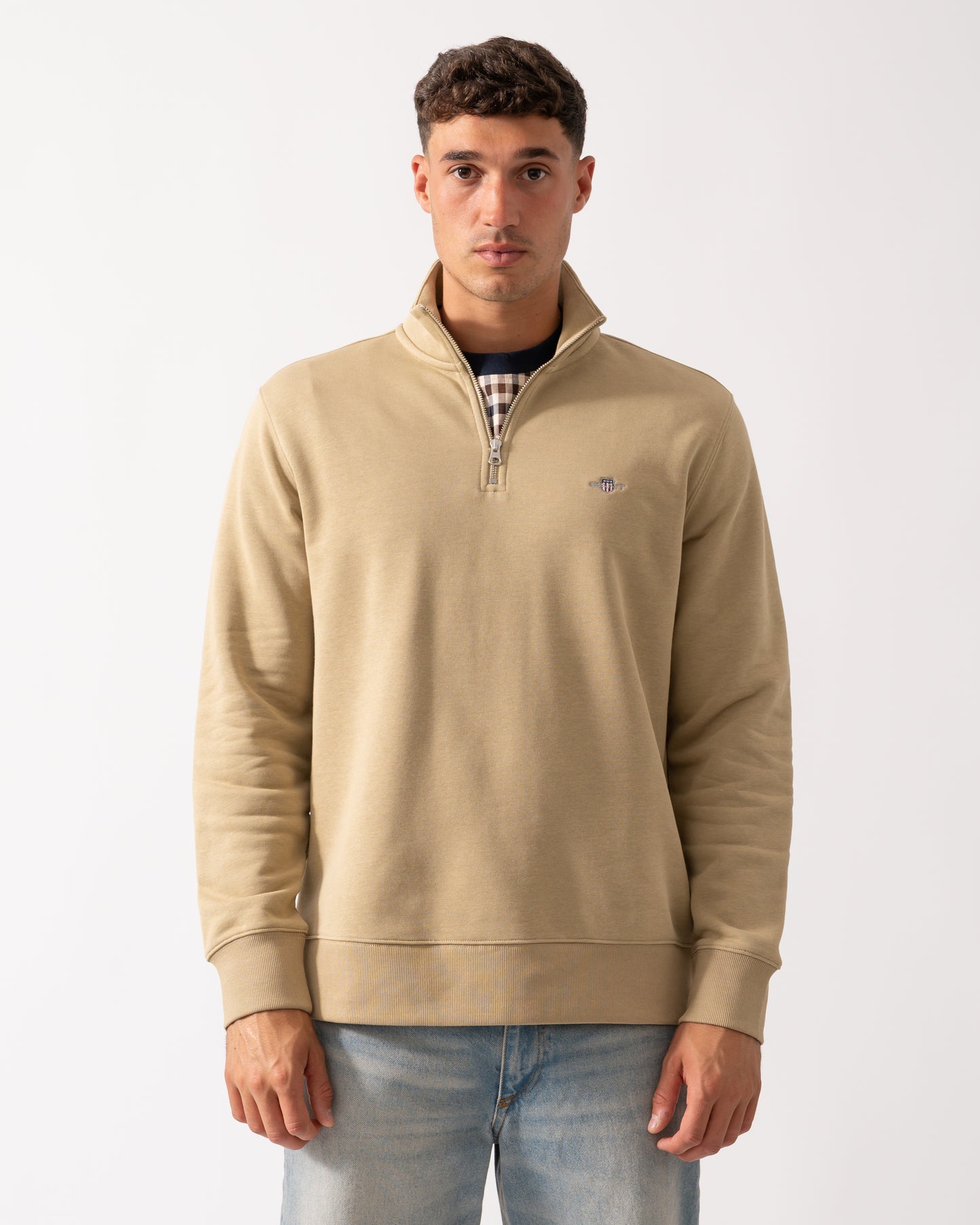 GANT Mens Regular Fit Shield Logo Half Zip Sweatshirt - 224 Woody Beige