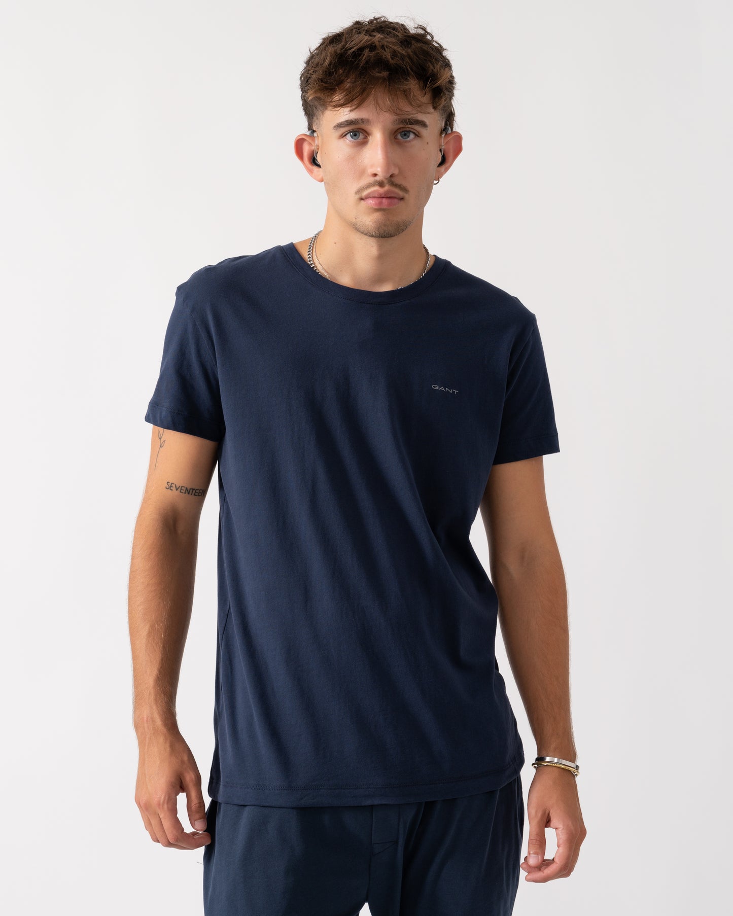 GANT 2-Pack Mens Crew Neck T-Shirts - 18 Light Grey Mel/Navy