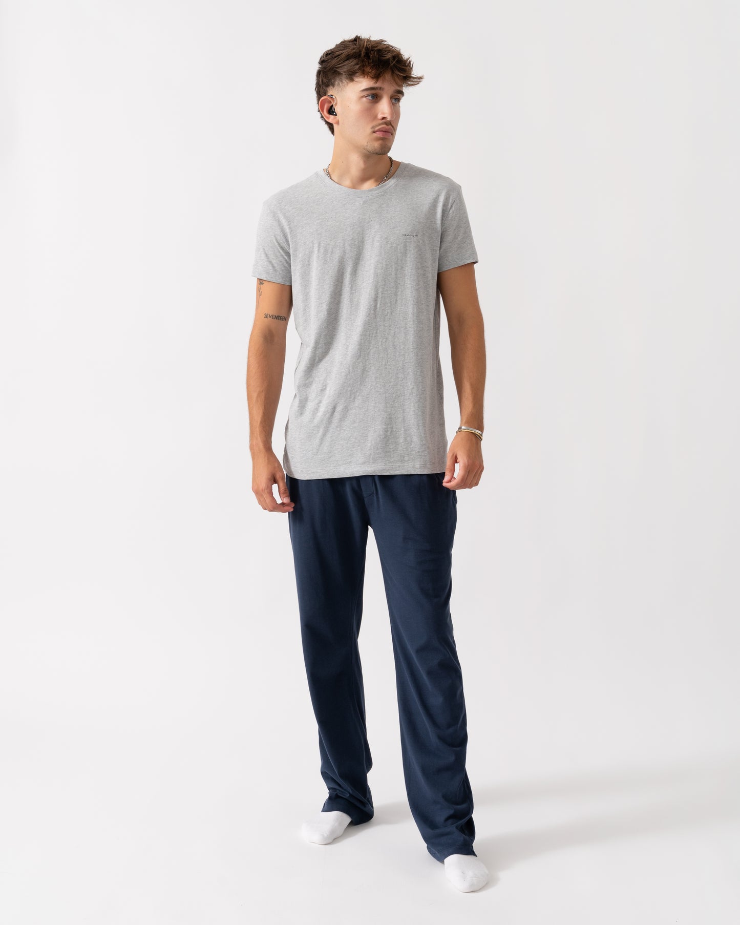 GANT 2-Pack Mens Crew Neck T-Shirts - 18 Light Grey Mel/Navy