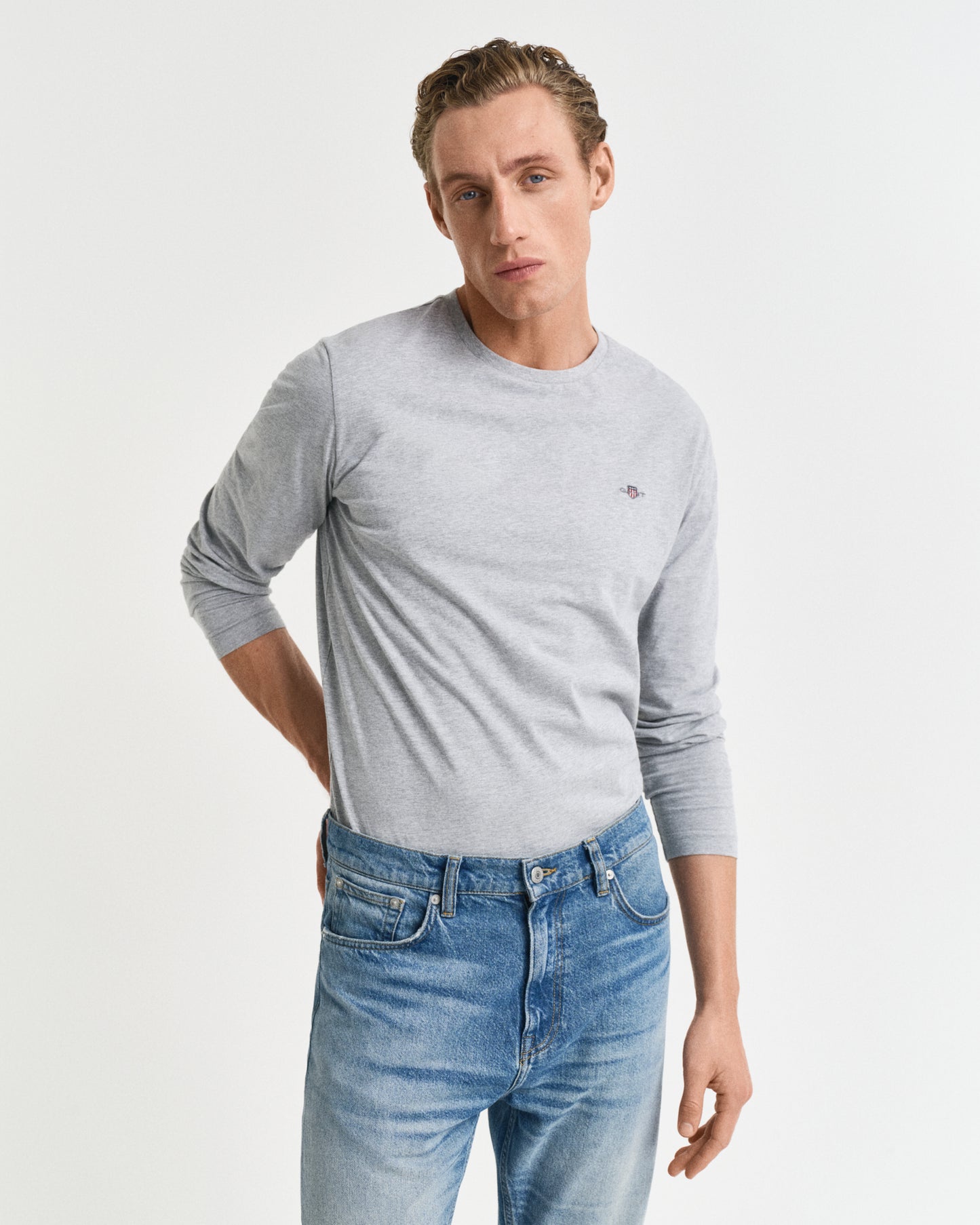 GANT Mens Regular Fit Long Sleeve Shield Logo T-Shirt - 93 Grey Melange