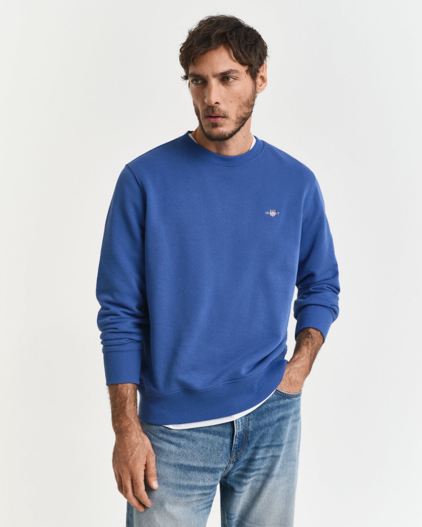 GANT Mens Regular Fit Shield Logo Crew Neck Sweatshirt - 407 Rich Blue