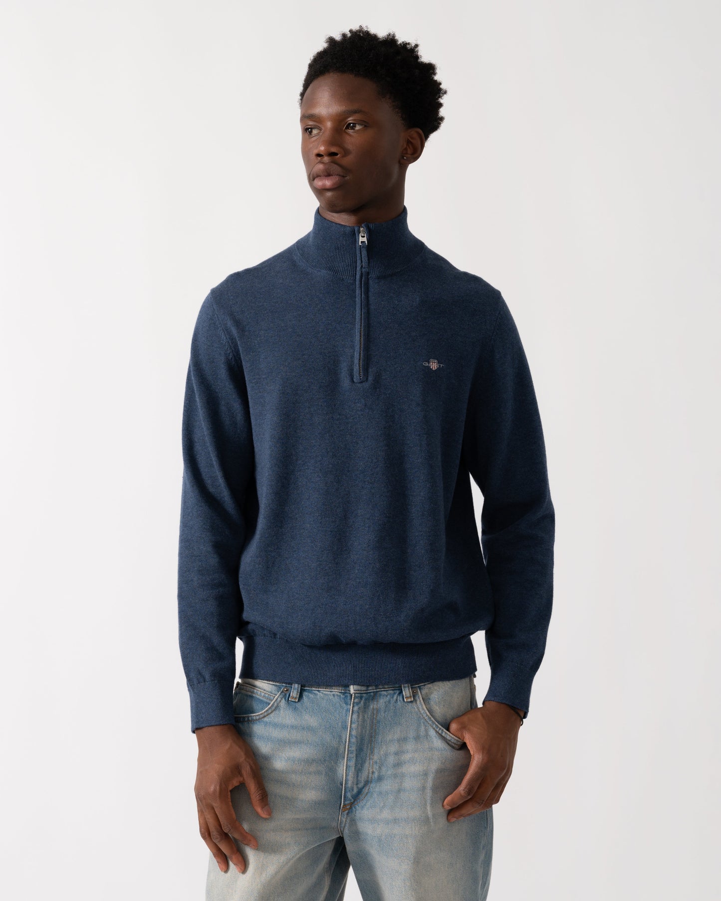 GANT Mens Classic Cotton Half Zip Jumper - 902 Dark Jeansblue Melange