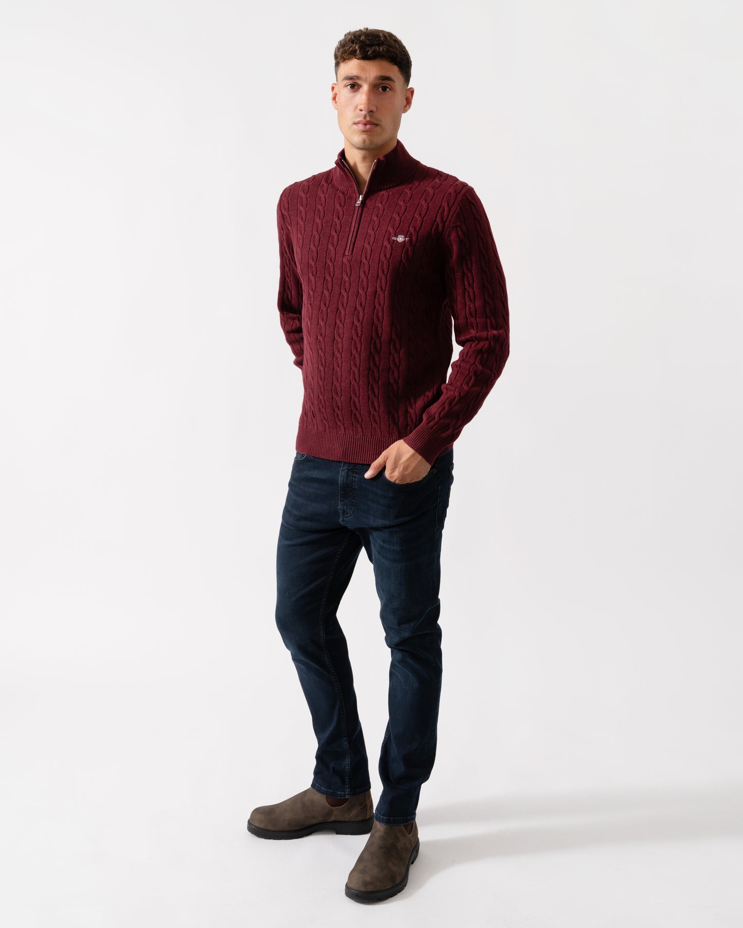 GANT Mens Cotton Cable Half Zip Jumper - 677 Bordeaux Melange