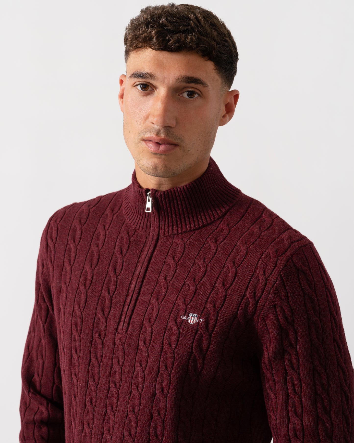 GANT Mens Cotton Cable Half Zip Jumper - 677 Bordeaux Melange