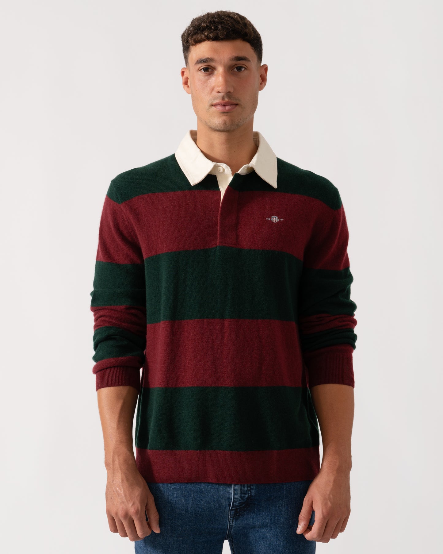 GANT Mens Extrafine Lambswool Striped Long Sleeve Polo - 374 Tartan Green