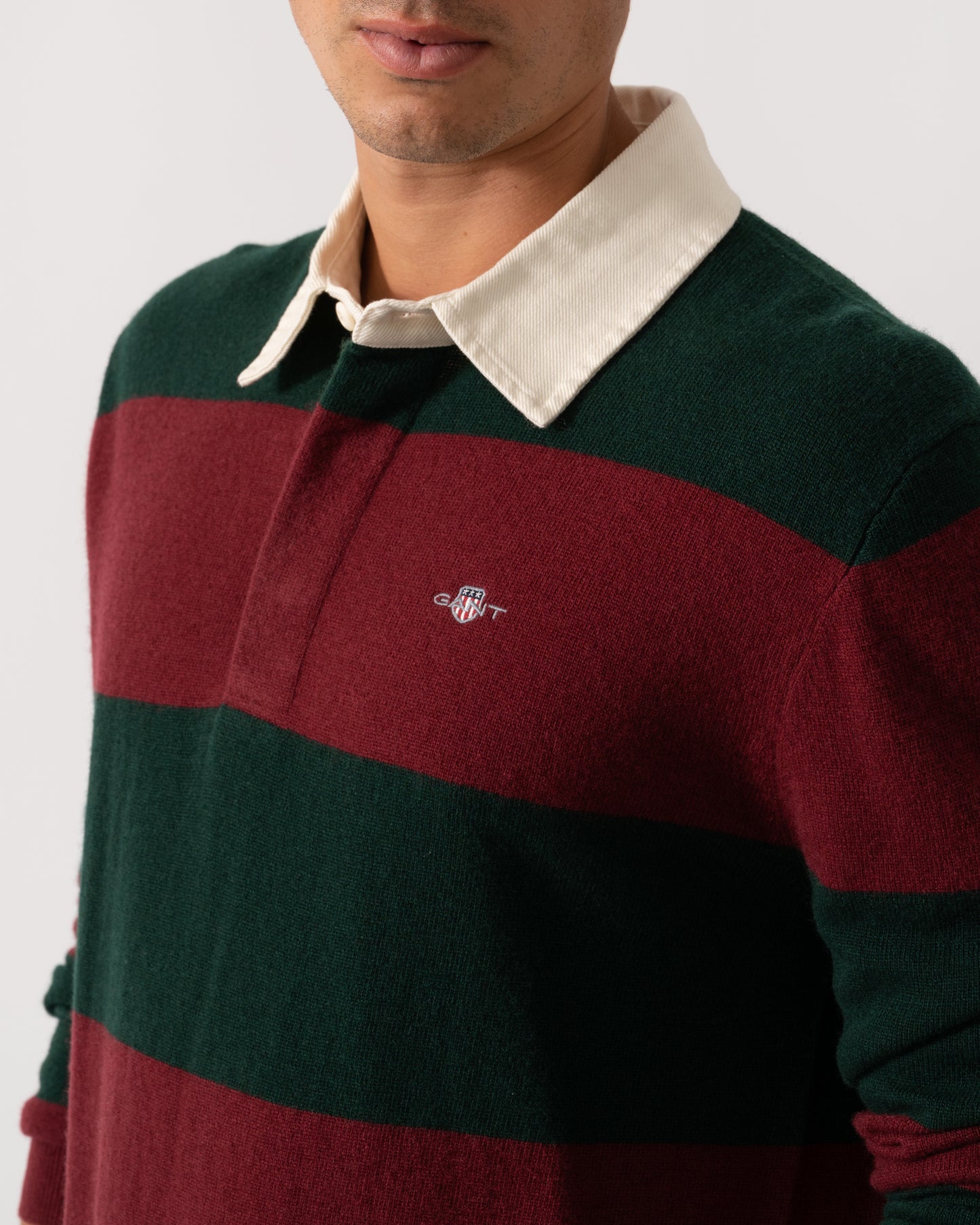 GANT Mens Extrafine Lambswool Striped Long Sleeve Polo - 374 Tartan Green