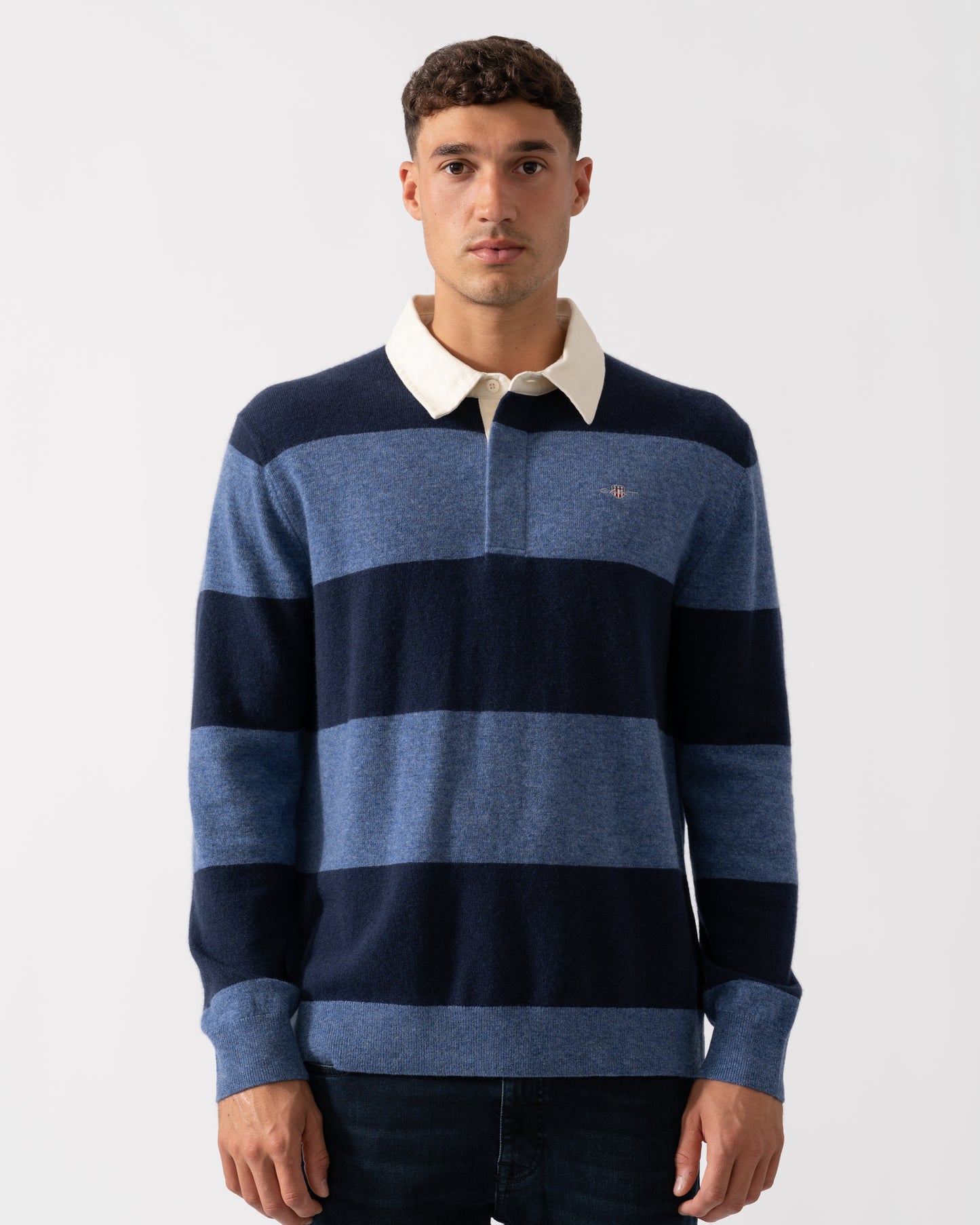 GANT Mens Extrafine Lambswool Striped Long Sleeve Polo - 410 Marine