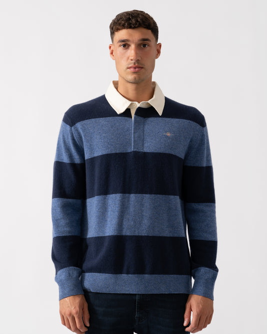 GANT Mens Extrafine Lambswool Striped Long Sleeve Polo - 410 Marine