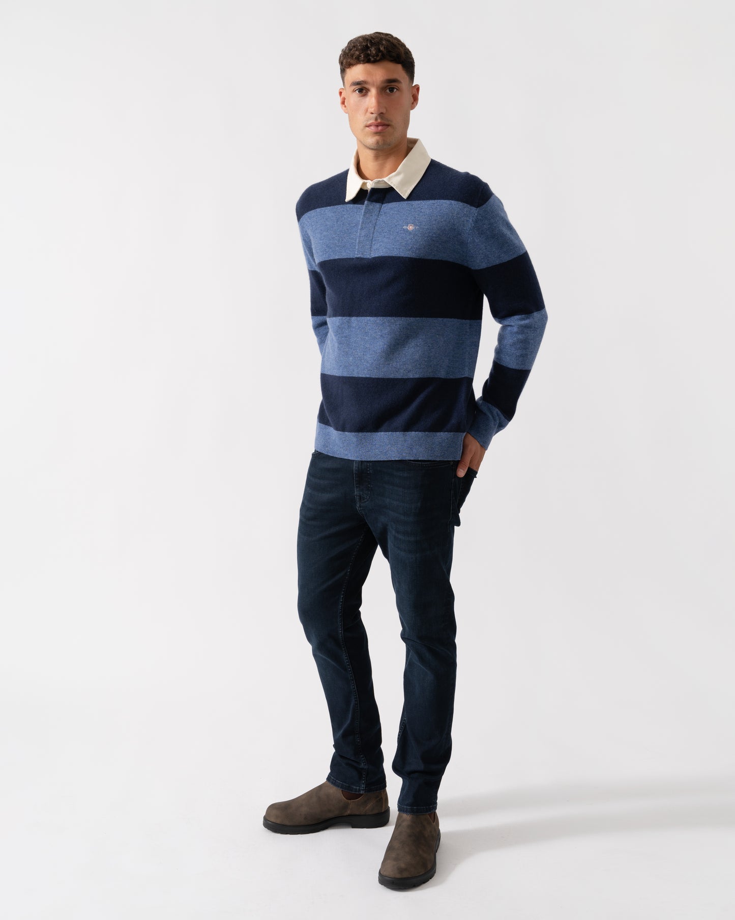 GANT Mens Extrafine Lambswool Striped Long Sleeve Polo - 410 Marine