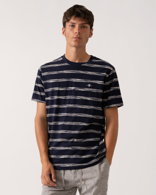 GANT Mens Striped Crew Neck Short Sleeve T-Shirt - 433 Evening Blue