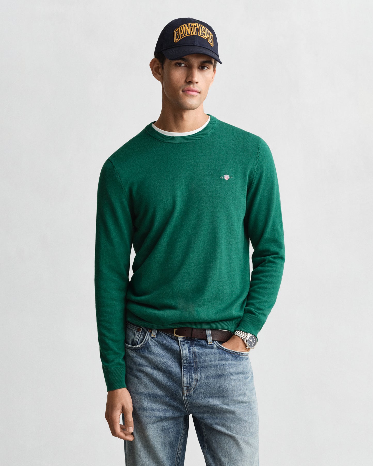 GANT Mens Classic Cotton Crew Neck Jumper - 373 Deep Forest Green