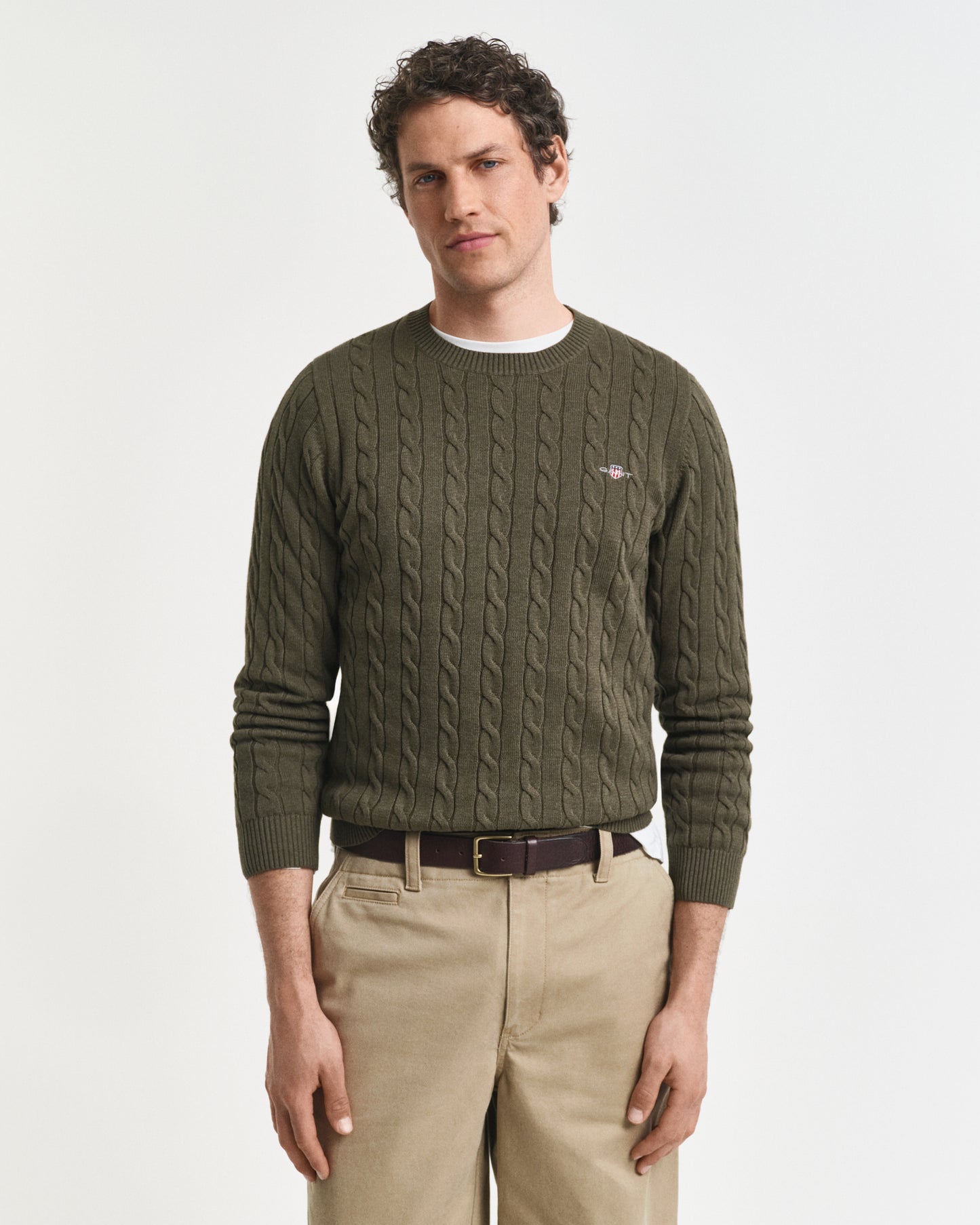 GANT Mens Cotton Cable Knit Crew Neck Jumper - 384 Khaki Green Mel