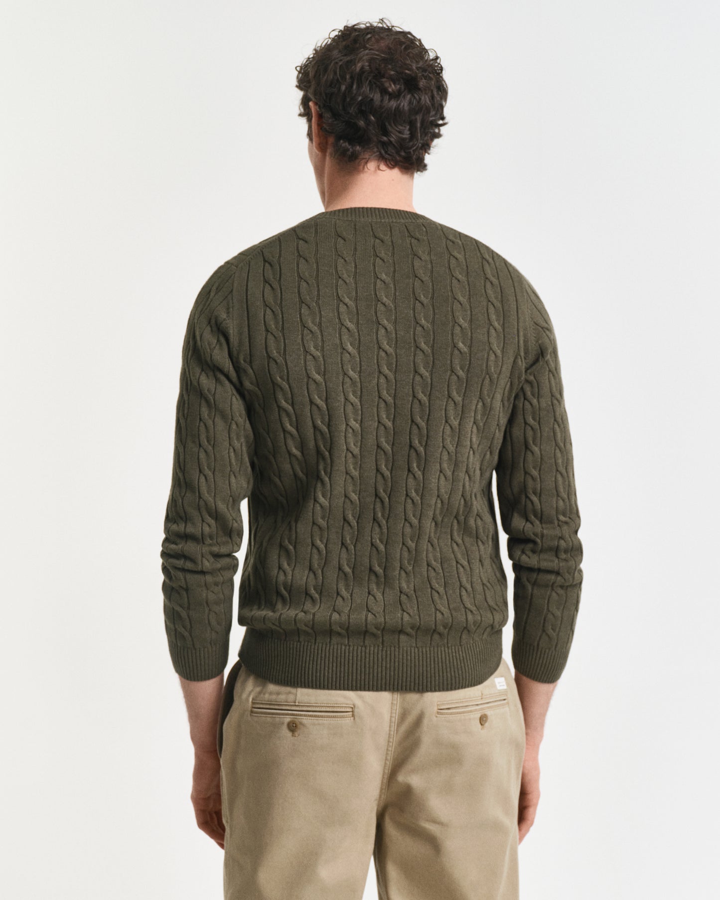 GANT Mens Cotton Cable Knit Crew Neck Jumper - 384 Khaki Green Mel