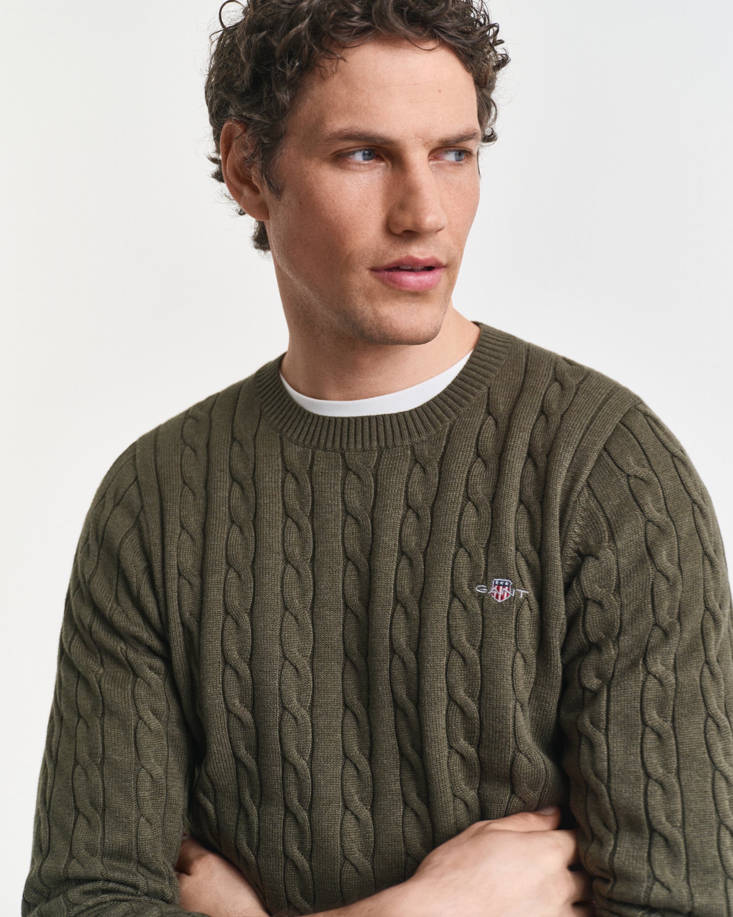GANT Mens Cotton Cable Knit Crew Neck Jumper - 384 Khaki Green Mel