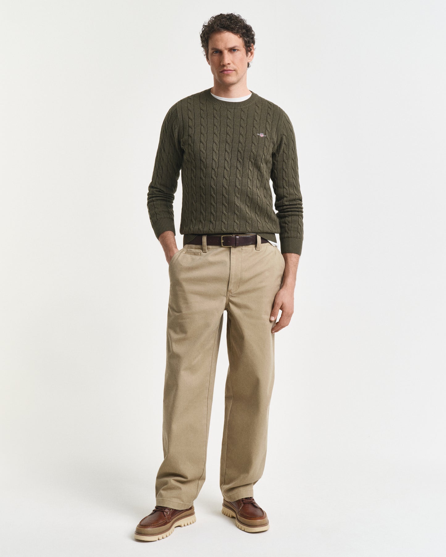 GANT Mens Cotton Cable Knit Crew Neck Jumper - 384 Khaki Green Mel
