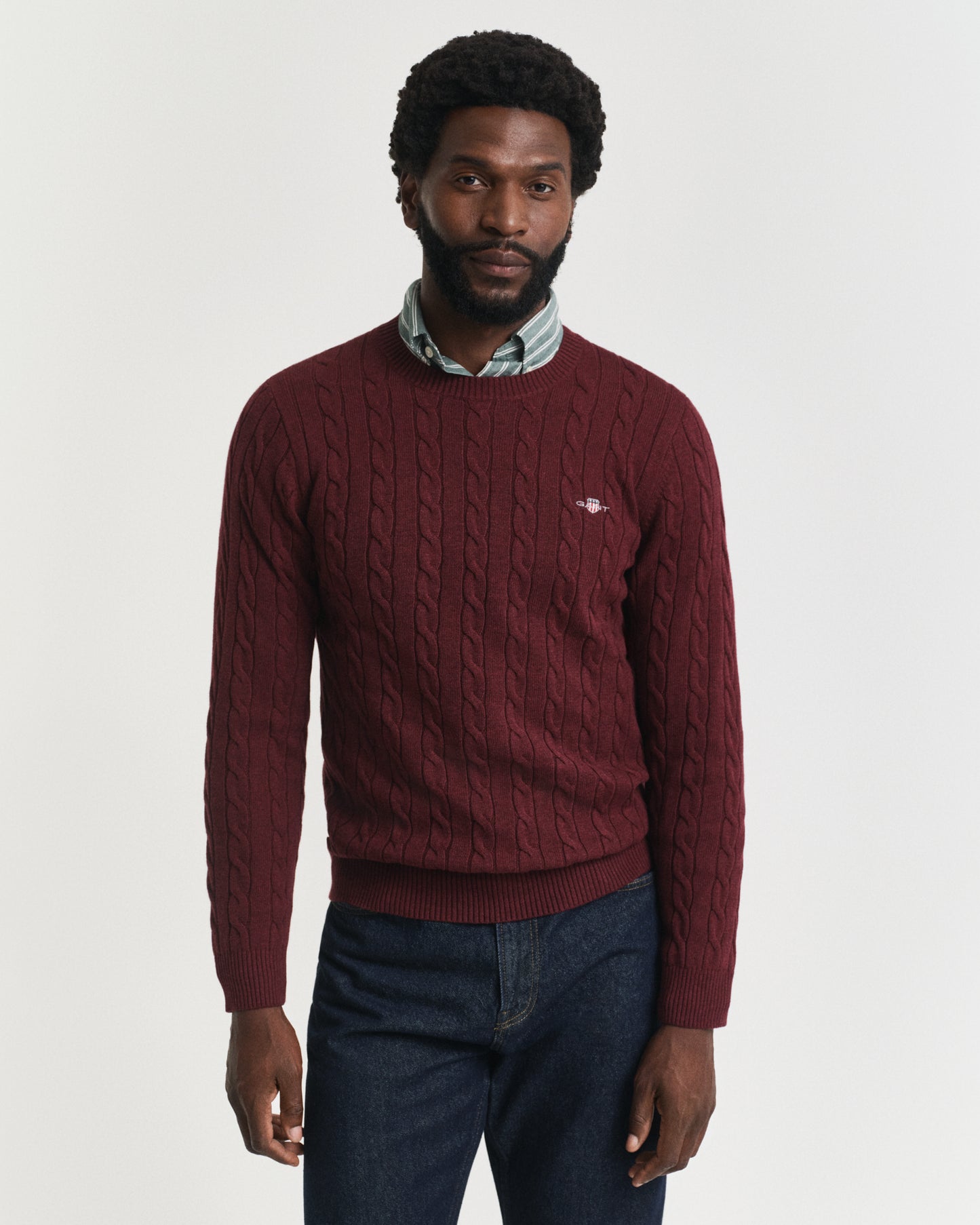 GANT Mens Cotton Cable Knit Crew Neck Jumper - 677 Bordeaux Melange