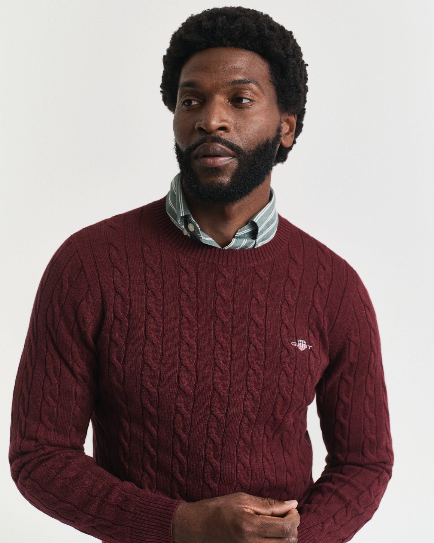 GANT Mens Cotton Cable Knit Crew Neck Jumper - 677 Bordeaux Melange