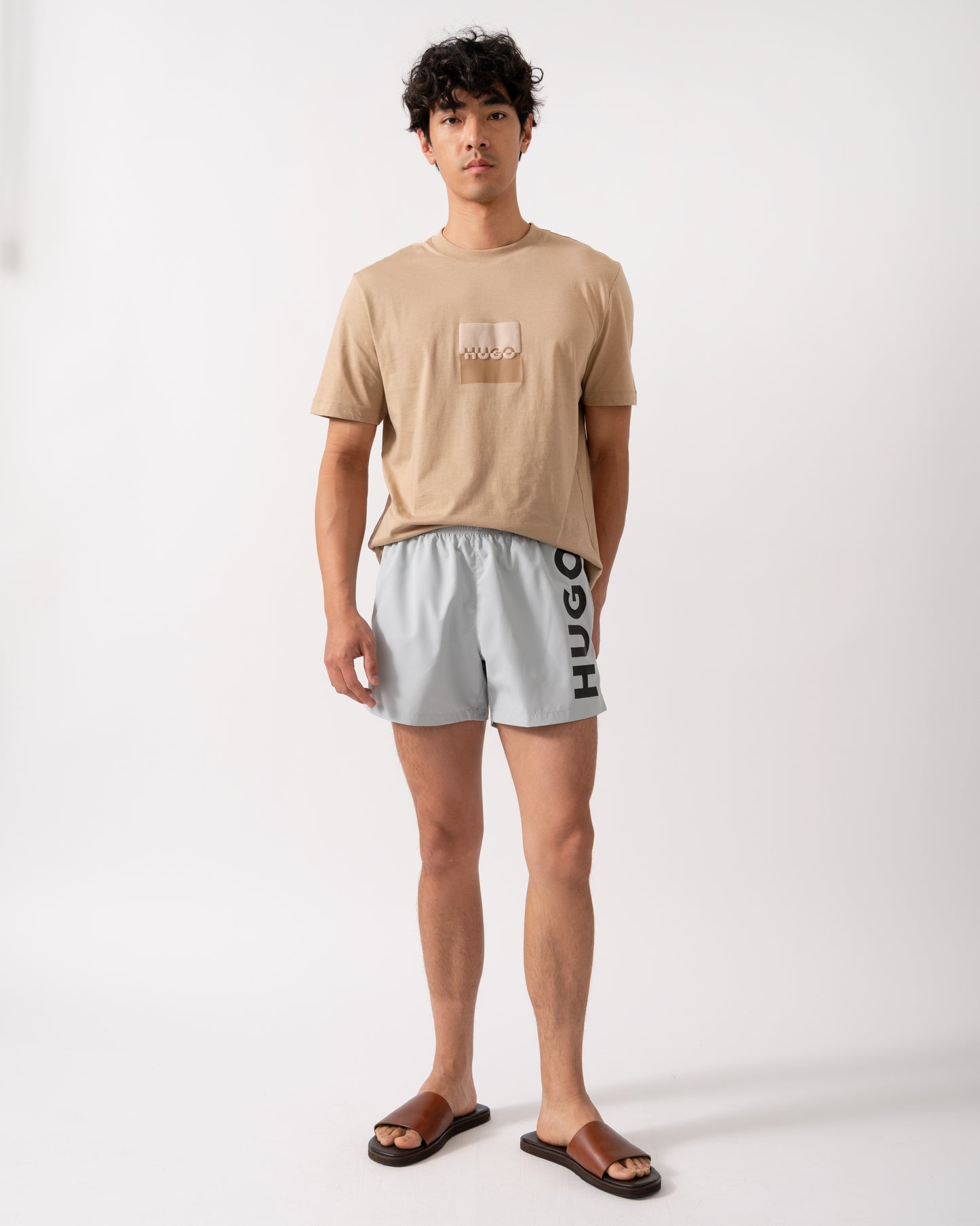 HUGO ABAS Mens Logo-Print Swim Shorts in Quick-Dry Fabric