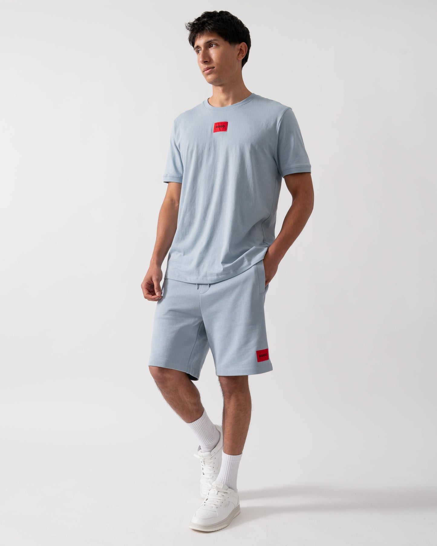 HUGO Diz222 Mens Cotton Terry Shorts with Logo Label - Open Blue 483