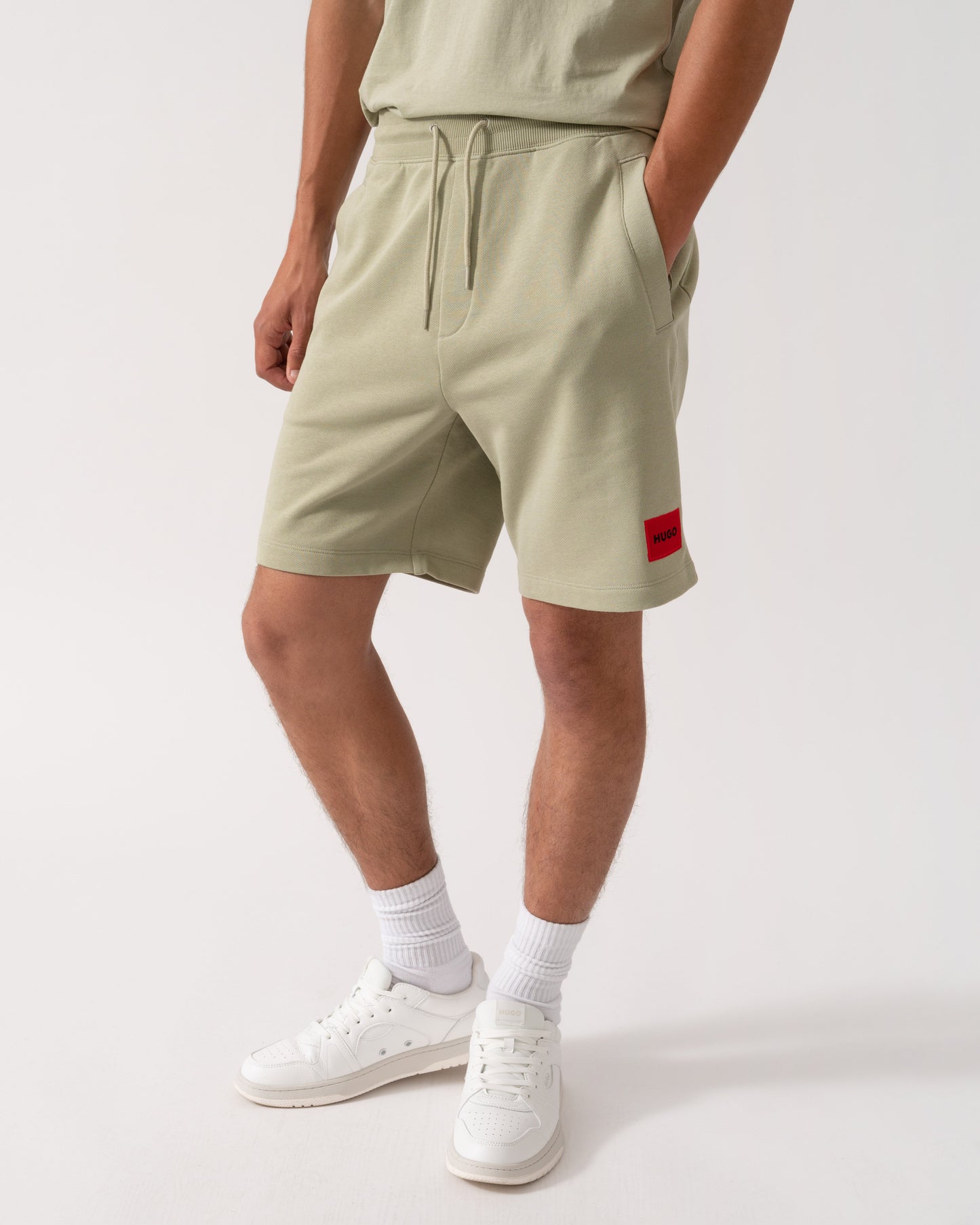HUGO Diz222 Mens Cotton Terry Shorts with Logo Label - Open Green 391