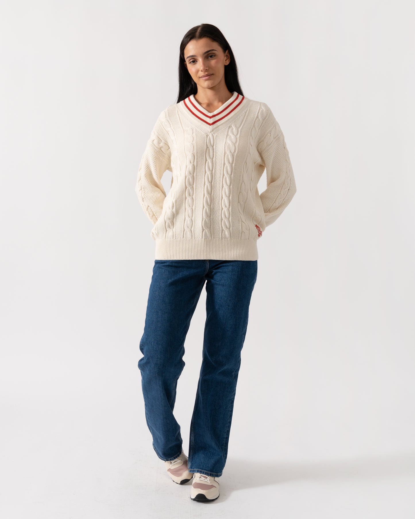 Joules Dibly Womens V-Neck Cable Knit Jumper - Cream/Red