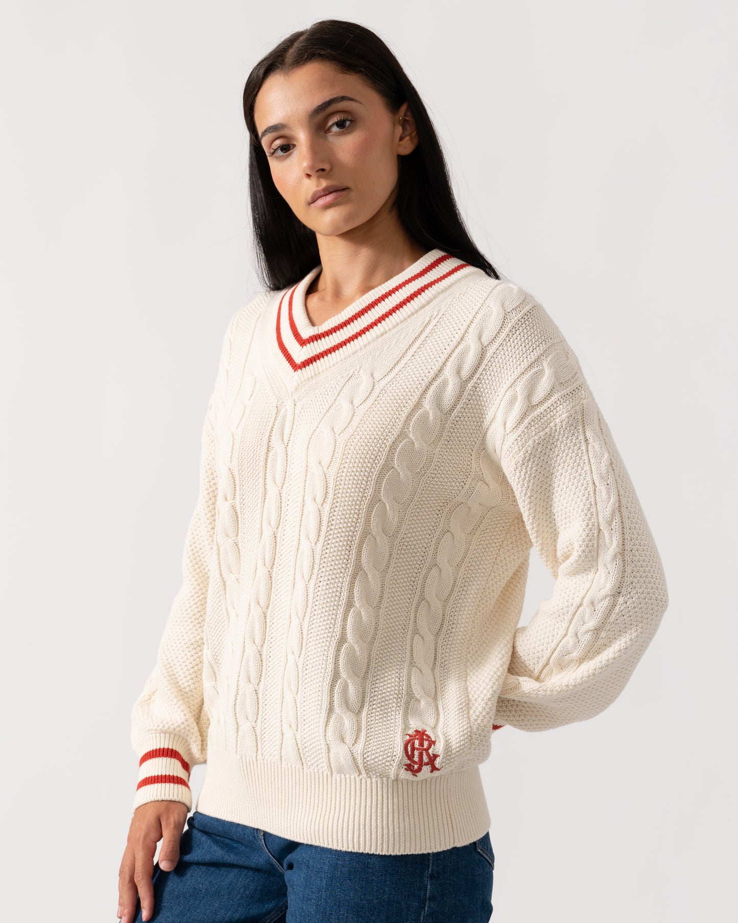 Joules Dibly Womens V-Neck Cable Knit Jumper - Cream/Red