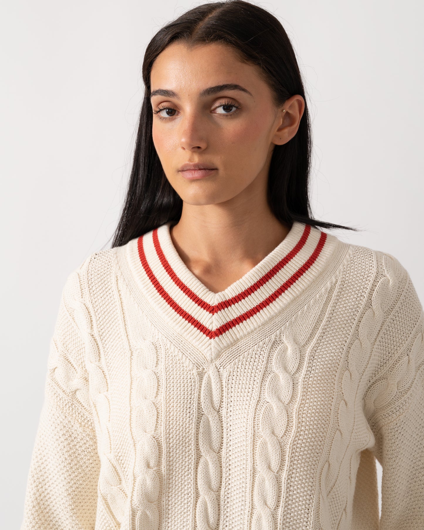 Joules Dibly Womens V-Neck Cable Knit Jumper - Cream/Red