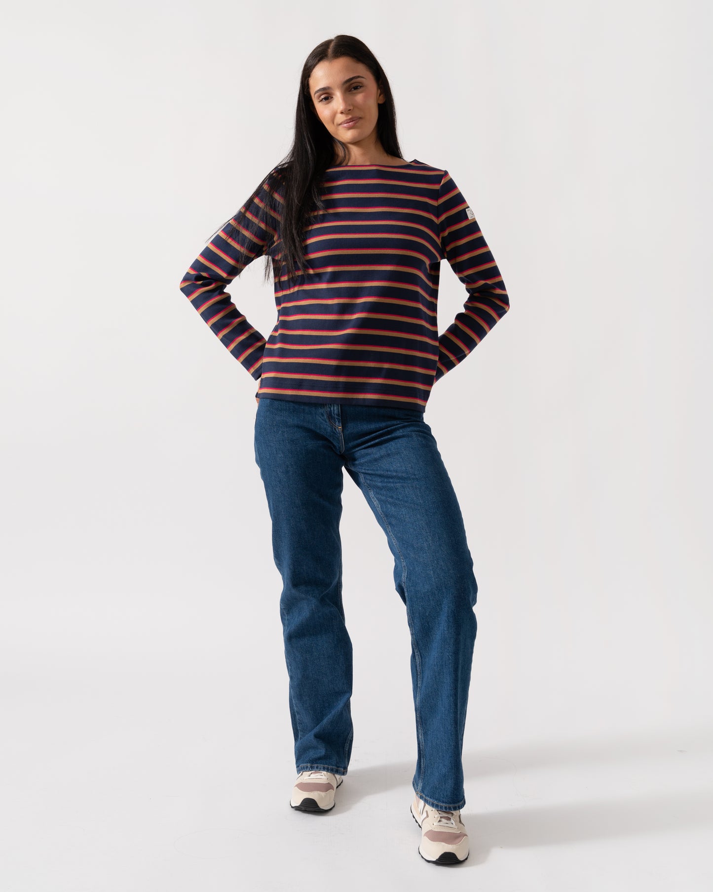 Joules New Harbour Womens Striped Breton Top - Tan/Navy Multi
