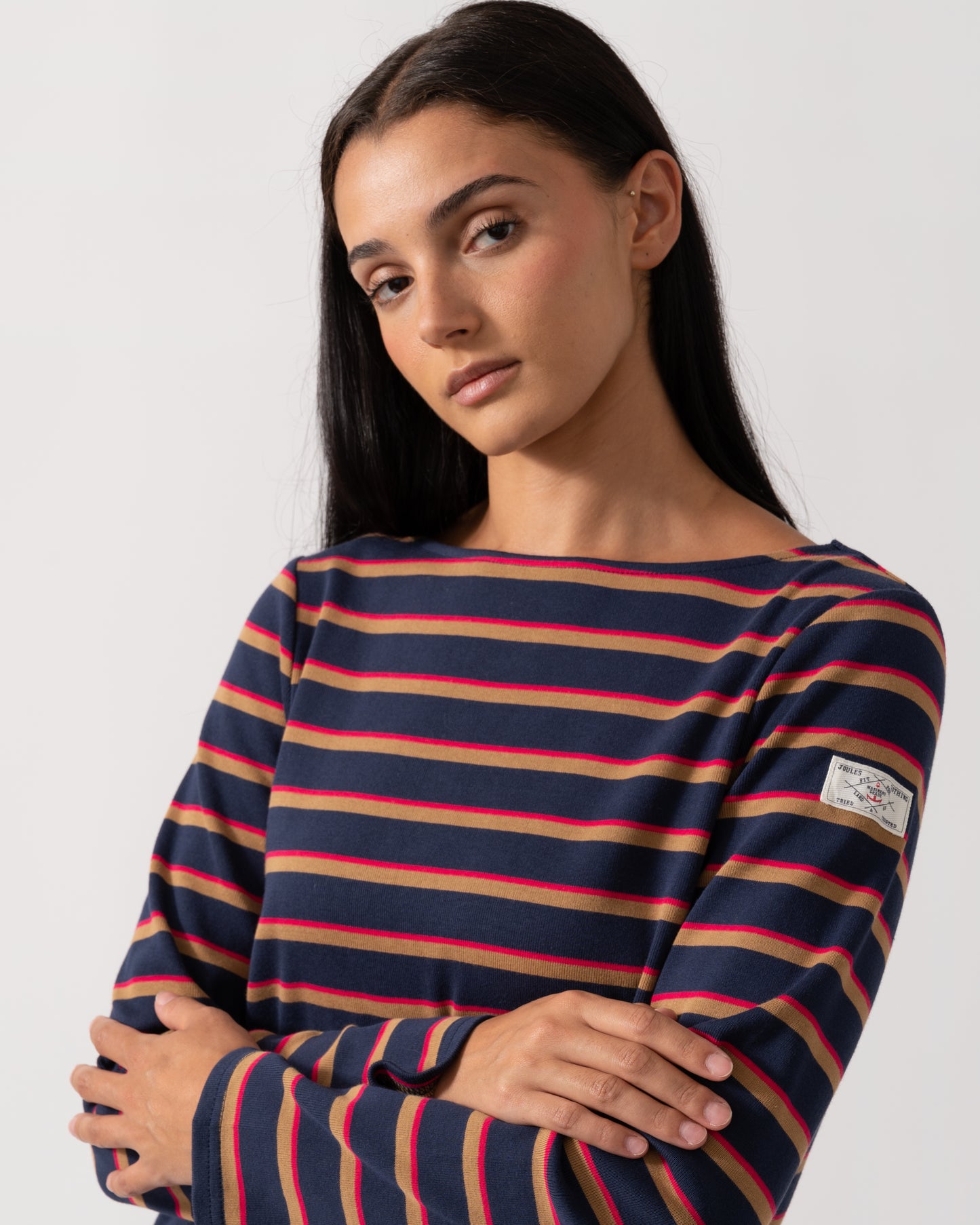 Joules New Harbour Womens Striped Breton Top - Tan/Navy Multi